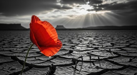 A red poppy flower stands alone in a cracked, dry landscape under a cloudy sky with sunbeams shining through the clouds.