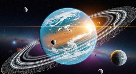 A vibrant, colorful depiction of Earth with its iconic blue atmosphere and orange oceans, surrounded by a ring of moons and a distant star system.