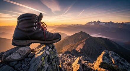 A hiking boot on a rocky mountain peak at sunset.