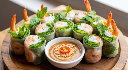 A plate of shrimp and lettuce wraps with a dipping sauce.