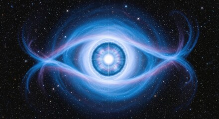 A blue and white eye like nebula with a central star and swirling blue and white gas clouds in space.
