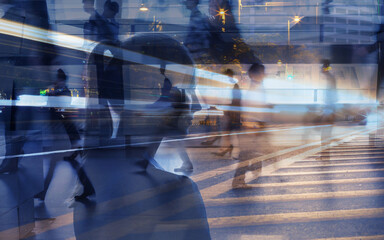 Businesswoman People Urban Crowd Motion Blur Cityscape – Fast-Paced Modern City Life	