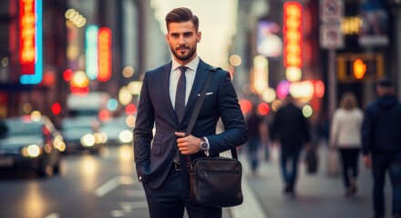 A man in a suit walking down a city street with a briefcase.