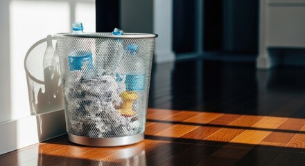 A metal mesh trash can filled with plastic bottles and a yellow plastic bag on a wooden floor with a window in the background.