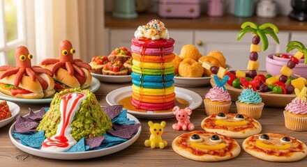A colorful and vibrant assortment of food items, including pancakes, sandwiches, and fruit, arranged on a wooden table.