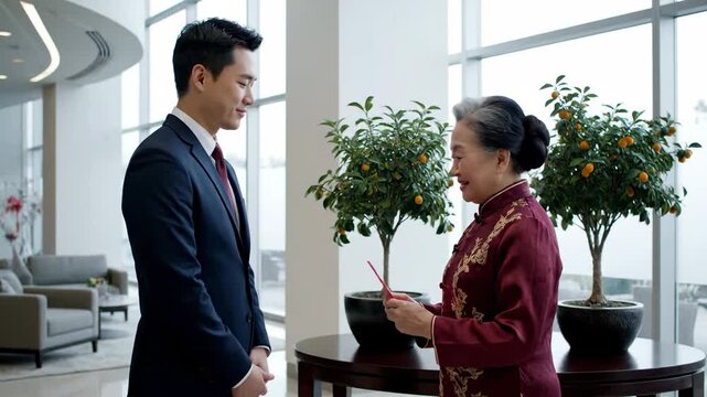 Chinese New Year greeting with red envelope and kumquat trees