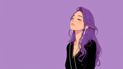 ヘッドフォンで音楽を聞く女性をYouTube動画サムネイル用にアニメスタイルで描いたAI生成画