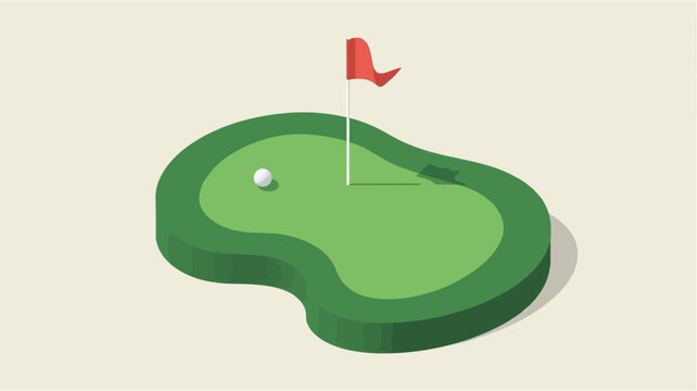 Isometric illustration of a golf putting green with a white ball and a red flag in the hole.