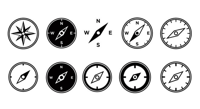 Set of ten different black and white compass icons with various needle and border designs.