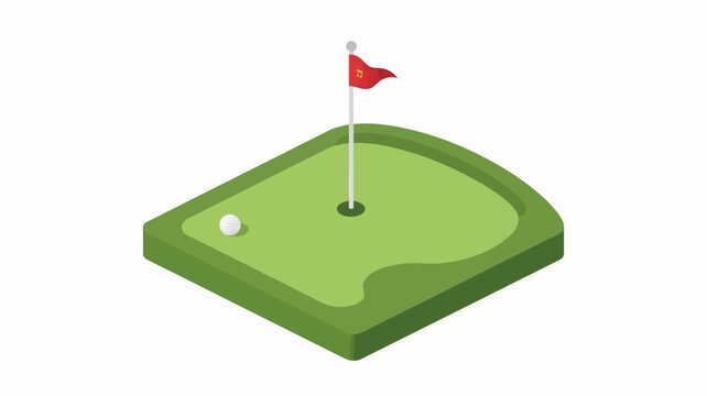 Isometric illustration of a golf putting green with a red flag and a white golf ball on a white background.