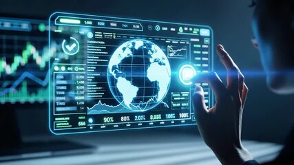 A person's hand interacting with a futuristic holographic display showing a globe and various graphs - Powered by Adobe