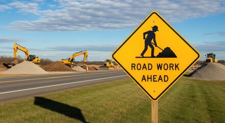 A road construction site with a yellow diamond-shaped sign reading 'Road Work Ahead'