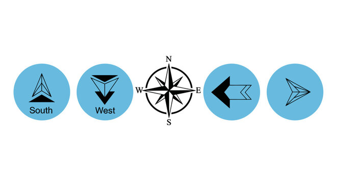 Vector illustration of compass rose and directional arrow icons on blue circles.