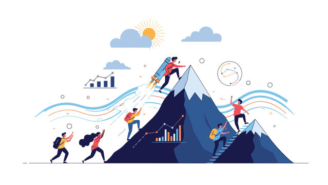 Team of people climbing a mountain together, representing teamwork, progress, and achieving business goals, with one using a jetpack for a boost.