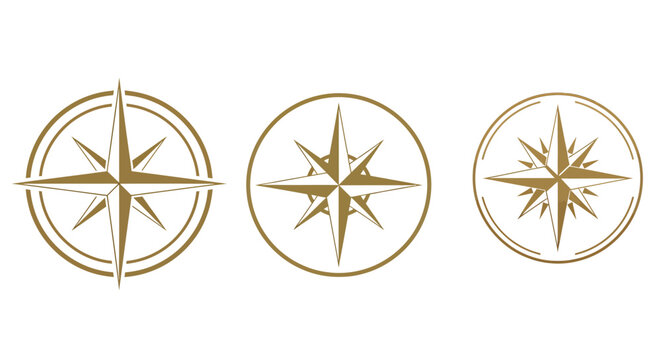 Three golden compass rose icons with circular outlines on a white background.