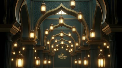 Obraz premium Grand Islamic mosque interior hallway with traditional hanging lanterns, elegant arches, and Ramadan Kareem typography on dark turquoise background