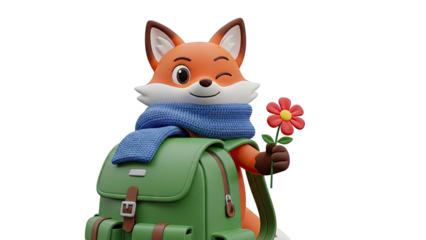 Cute cartoon fox with backpack and flower