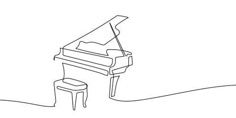 A continuous line on a transparent background a piano musical instrument. in single line art illustration. Editable stroke. © Proongnee