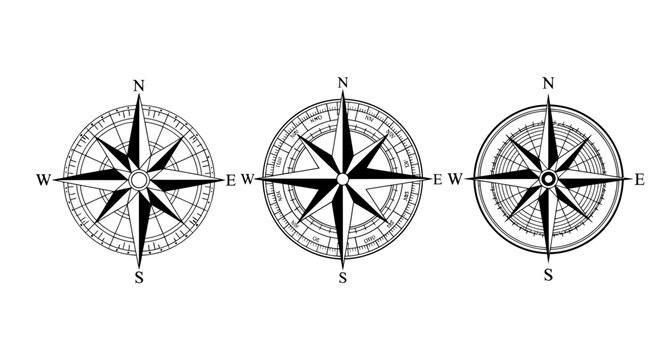 Three detailed vintage style compass rose illustrations with directional markings.