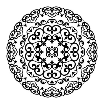 Vector round ethnic element, circular Uzbek Kazakh national ornament, Islamic pattern, design templates, isolated on white background