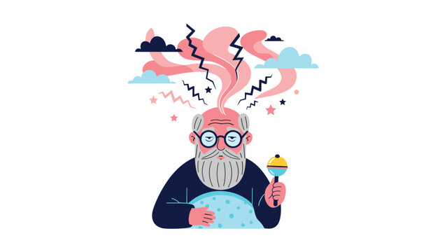 Stressed elderly man with glasses and a beard experiencing a headache or mental confusion, visualized by chaotic shapes exploding from his head.