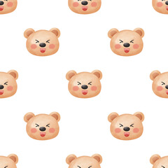 Fototapeta premium Seamless Watercolor Cute Winking Teddy Bear Head Pattern: Playful Baby Animal Background for Kids and Nursery Design.