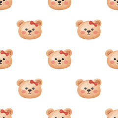 Fototapeta premium Seamless Watercolor Cute Winking Teddy Bear Head Pattern: Playful Baby Animal Background for Kids and Nursery Design.