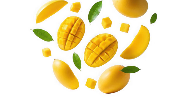Fresh mango slices and leaves isolated on transparent background