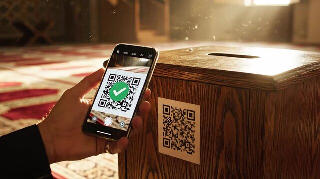 Warm, golden light illuminates a hand scanning a qr code for charity inside a mosque, aiding those in poverty's prison.