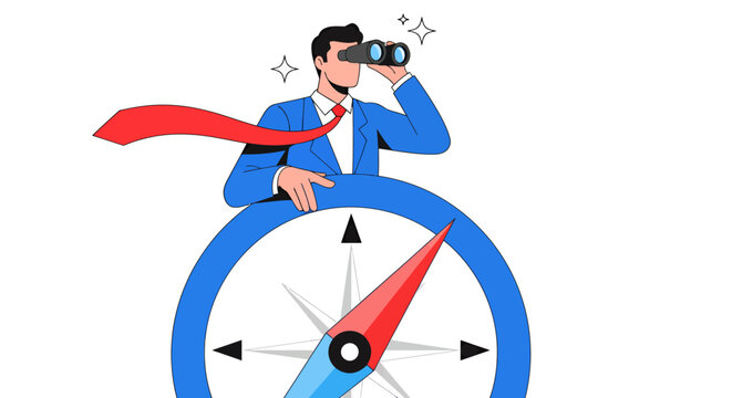 Businessman with binoculars looking ahead while standing behind a large compass symbolizing direction and vision.