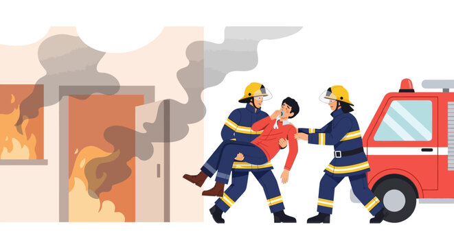 Two firefighters rescuing a man from a burning building with a fire truck nearby