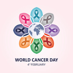 Fototapeta premium World Cancer Day illustration with a globe. Colorful cancer awareness ribbons forming a flower shape. February 4.