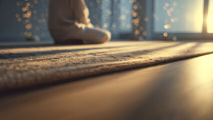 Serene moment of prayer in a peaceful with warm sunlight in ramadan