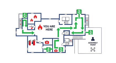 Fire evacuation plan showcasing arrows extinguishers assembly point and You are here in a building layout © rahim