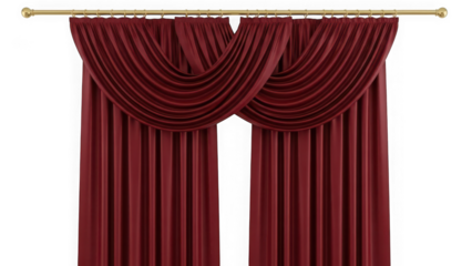 Luxurious red curtain draped on a gold rod isolated on transparent background