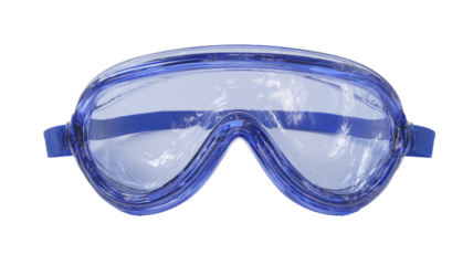 Blue swimming goggles, clear lenses and strap, on black