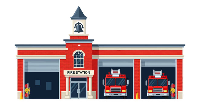 Fire station red brick building with garage doors firetrucks bell tower