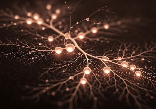 Luminous sphere formations in a networked, root-like arrangement abstract
