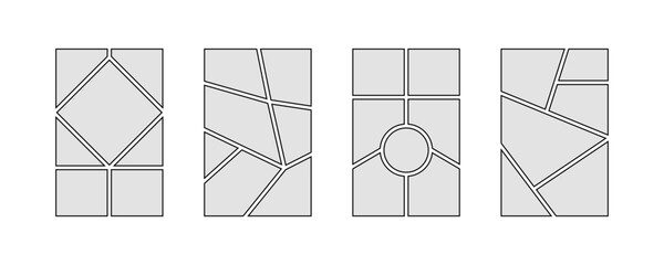 Light grey comic book panel frames set. Pop art template grid page collection. Image collage moodboard layout pack. Picture mood board ideas. Storyboard design for photo, poster, manga mockup. Vector