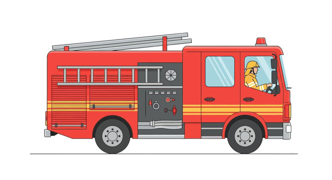 Red fire truck with a driver in gear and ladder on top