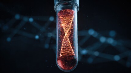 Close-up of a glowing DNA strand inside a glass tube with a dark background