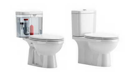 Two white toilets with one showing internal mechanism isolated on transparent background