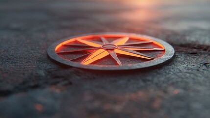 Close-up of a glowing, metal circular design on a textured, dark, uneven surface