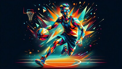 A geometric man made of triangles wearing glasses is playing basketball on a court. The background is dark and the image is colorful.