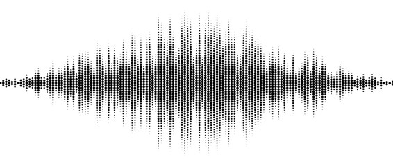 Black abstract halftone sound wave element. Dotted music equalizer shape design. Audio radio signal visualization concept. Digital voice assistant line pattern. Song track sample player. Vector