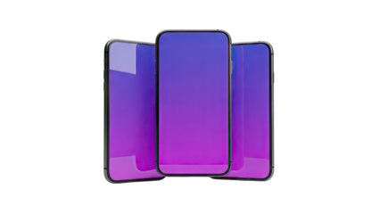 Three smartphones arranged in a staggered formation with purple gradient screens