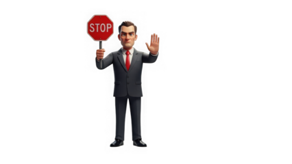 Businessman in suit holding stop sign isolated on transparent background