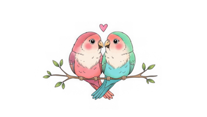 Cute Pink and Blue Lovebirds Couple Illustration on Branch