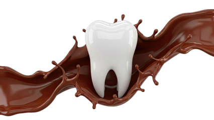 Tooth immersed in splashing chocolate