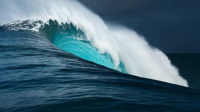 A powerful majestic ocean wave perfectly curls into a blue tube with foamy white spray The deep blue water reflects a dramatic dark sky highlighting n